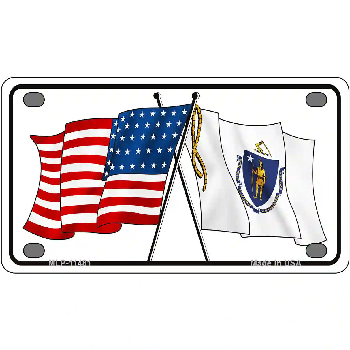 Massachusetts Crossed US Flag License Plate 4" x 2.2" (MLP)