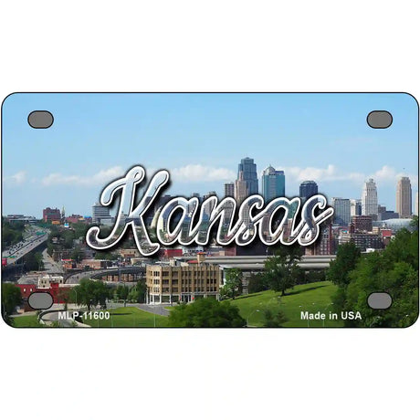 Kansas Downtown Skyline Novelty Metal State License Plate 4" x 2.2" (MLP)