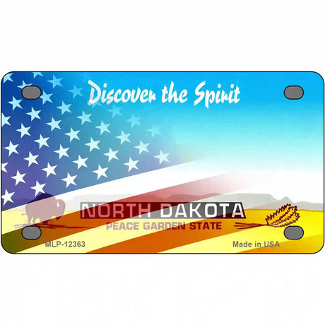 North Dakota with American Flag Novelty Metal License Plate 4" x 2.2" (MLP)