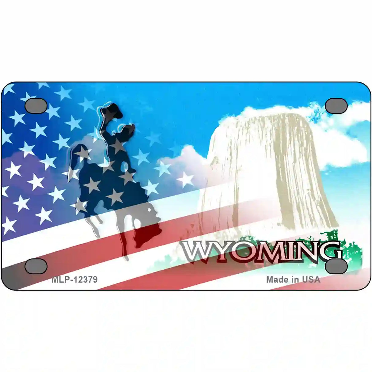 Wyoming with American Flag Novelty Metal License Plate 4" x 2.2" (MLP)