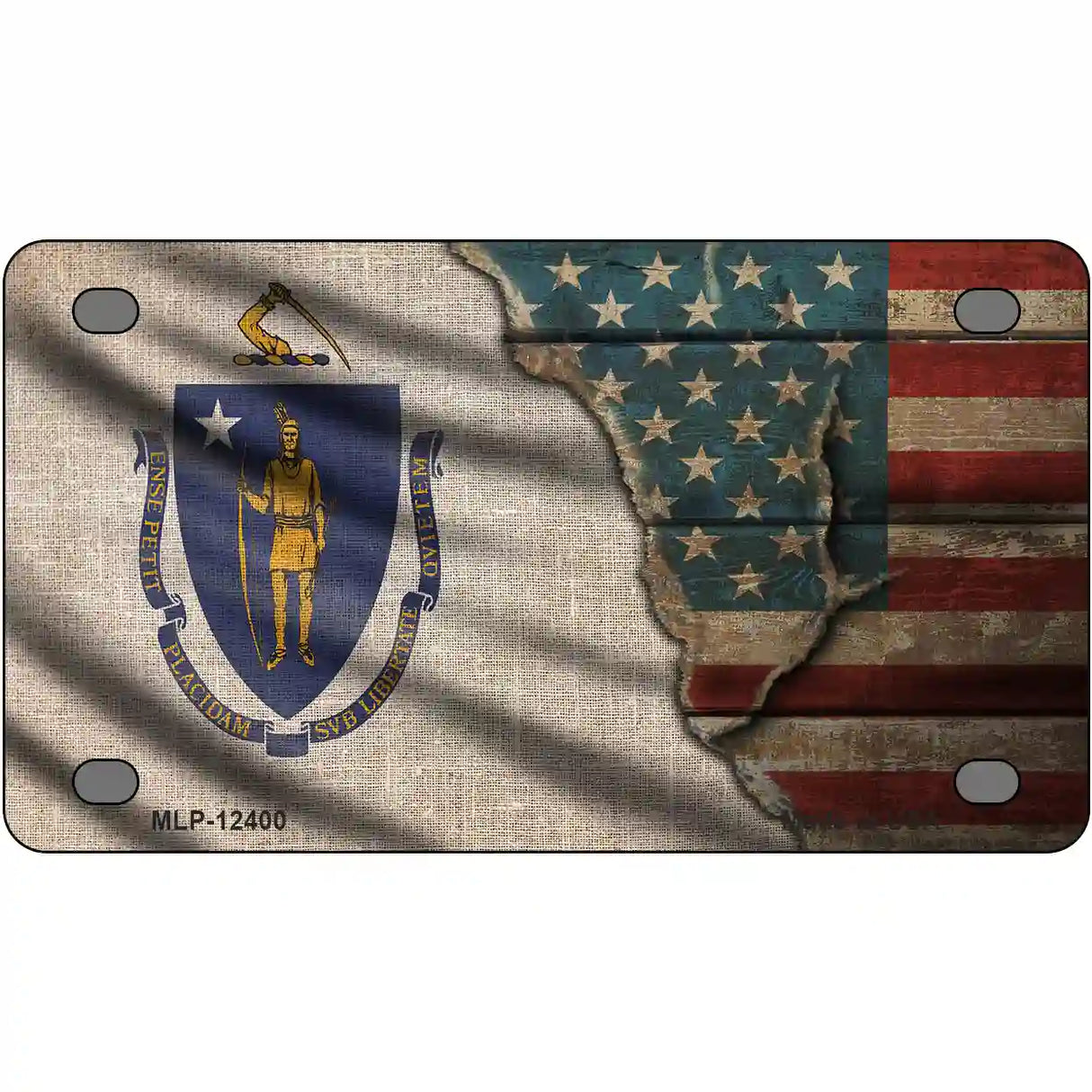 Massachusetts/American Flag Novelty Metal License Plate 4" x 2.2" (MLP)