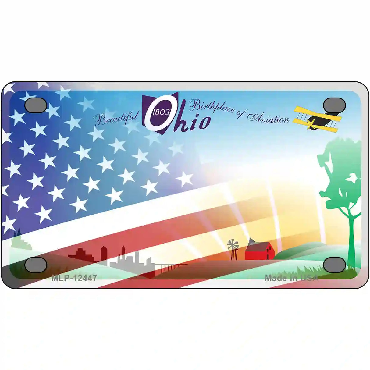 Ohio with American Flag Novelty Metal License Plate LP-12447 4" x 2.2" (MLP)