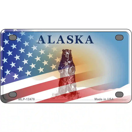 Alaska Bear with American Flag Novelty Metal License Plate 4" x 2.2" (MLP)