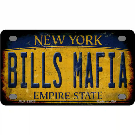 Bills Mafia New York Yellow Rusty Novelty Metal License Plate Tag 4" x 2.2" (MLP)