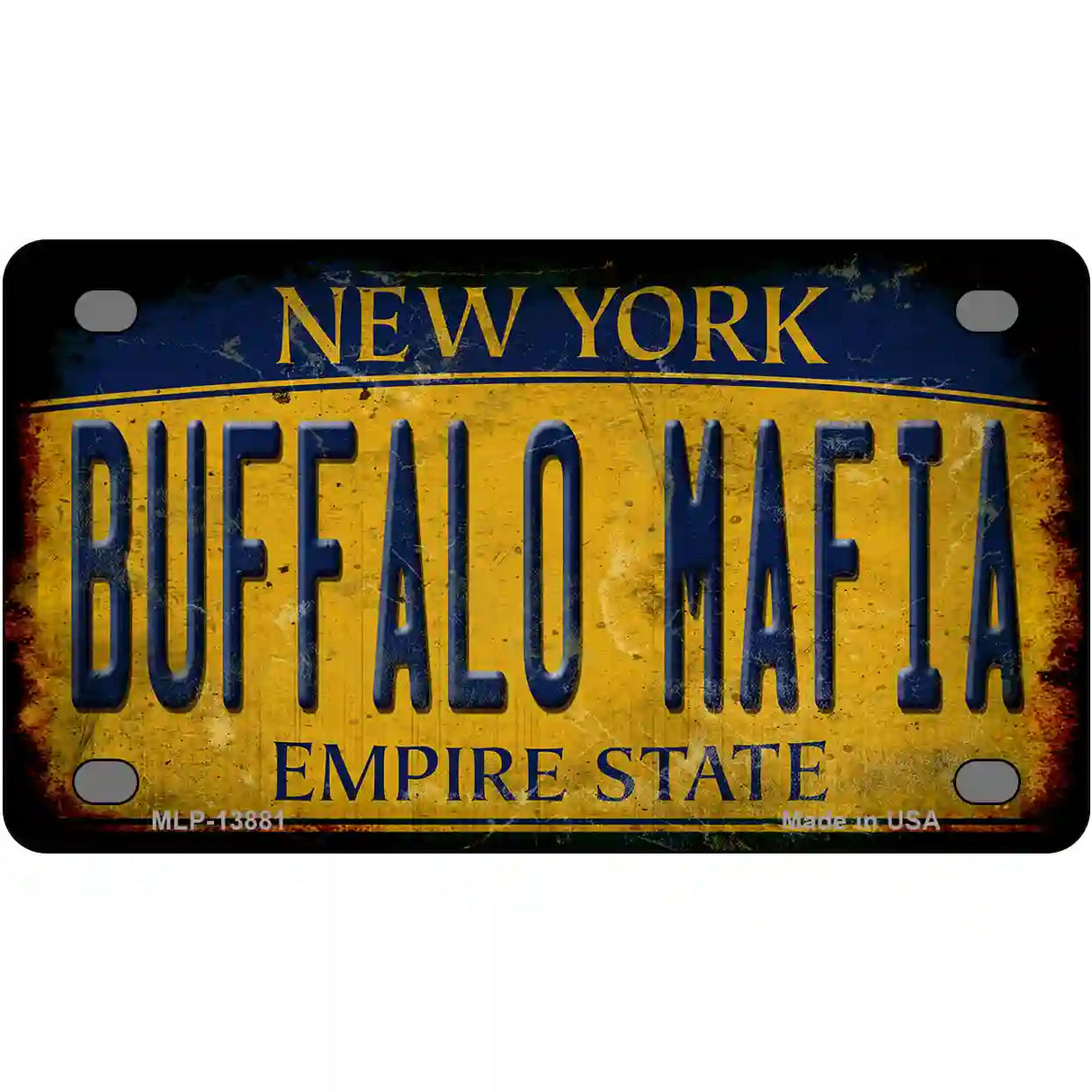 Buffalo Mafia NY Rusted Yellow Novelty Metal License Plate Tag 4" x 2.2" (MLP)