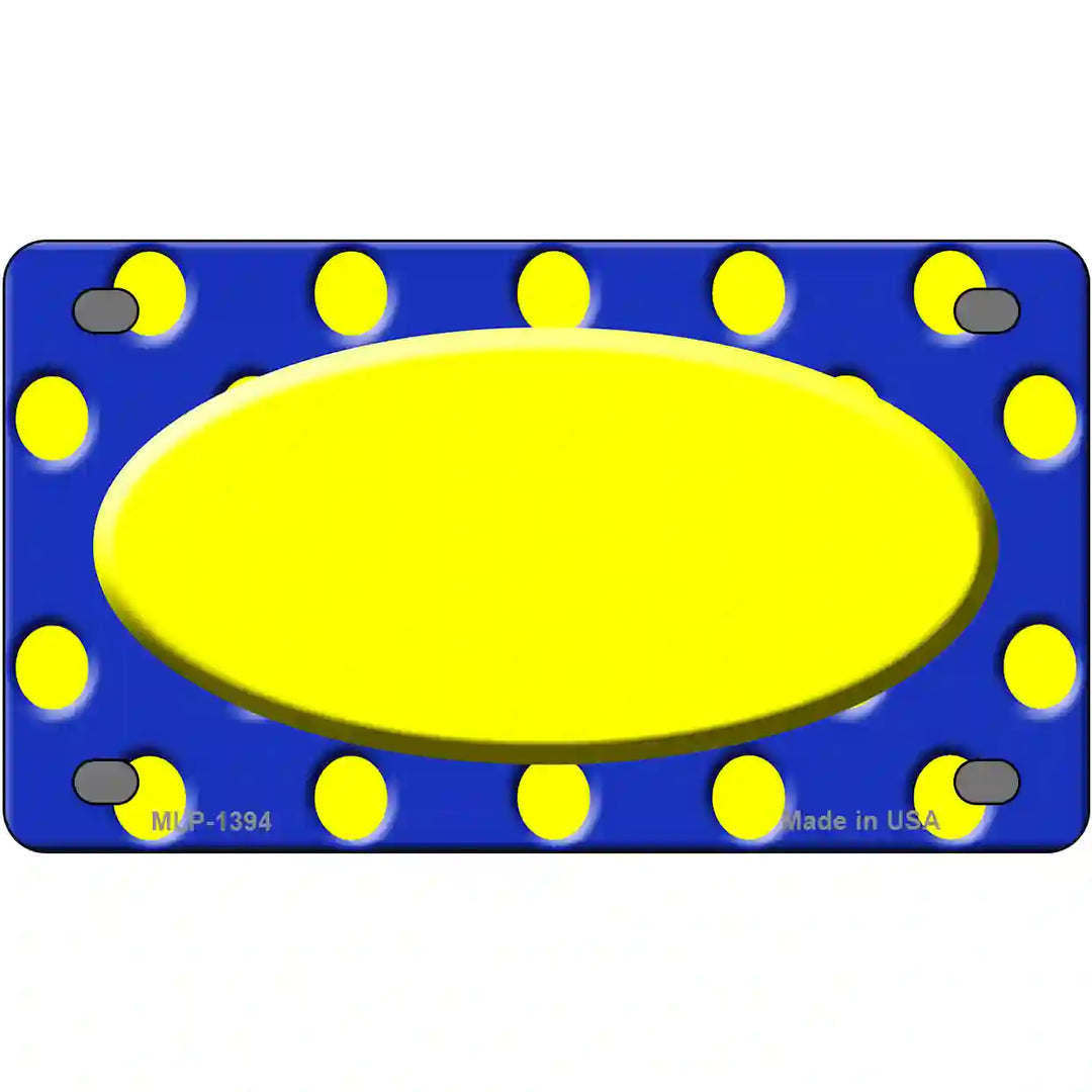Yellow Royal Blue Polka Dot Center Oval Metal Novelty License Plate