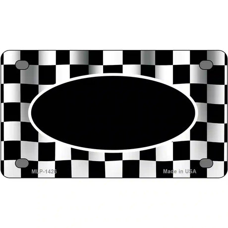 Waving Checkered Flag With Black Center Oval Metal Novelty License Plate 4" x 2.2" (MLP)