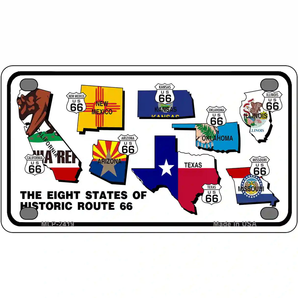 Route 66 Historic 8 Flags Metal Novelty License Plate 4" x 2.2" (MLP)