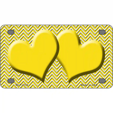 Yellow White Chevron Yellow Center Hearts Metal Novelty License Plate 4" x 2.2" (MLP)