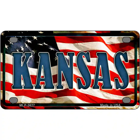 Kansas on American Flag Metal Novelty License Plate 4" x 2.2" (MLP)