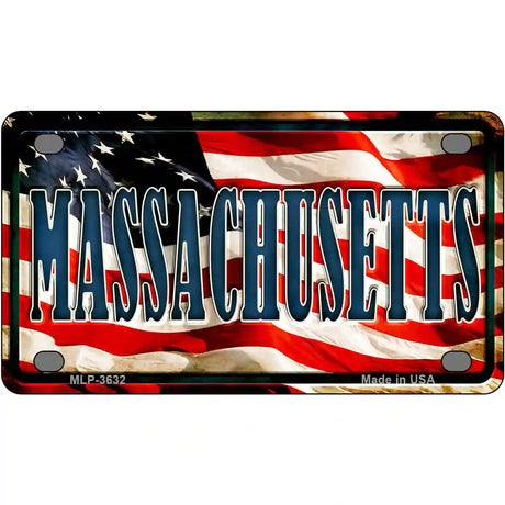 Massachusetts on American Flag Metal Novelty License Plate 4" x 2.2" (MLP)