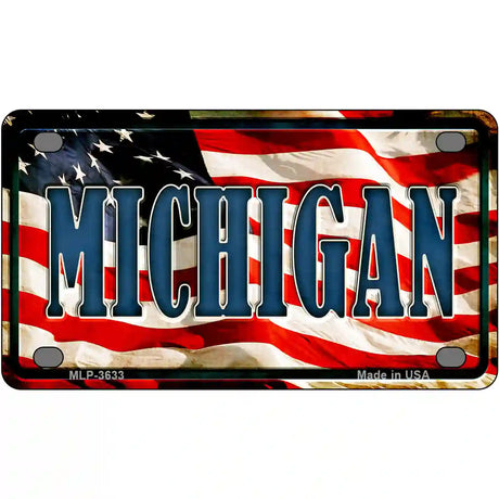 Michigan on American Flag Metal Novelty License Plate 4" x 2.2" (MLP)