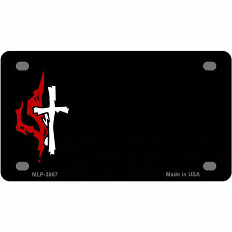 Flaming Cross Offset Metal Novelty License Plate 4" x 2.2" (MLP)