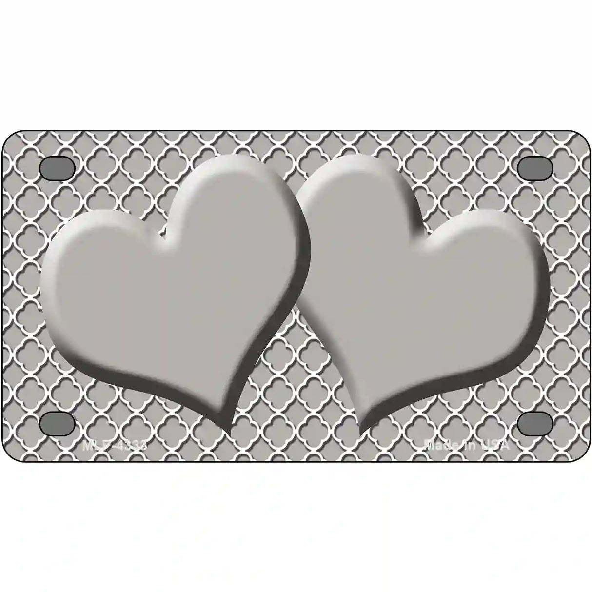 Grey White Quatrefoil Grey Center Hearts Metal Novelty License Plate 4" x 2.2" (MLP)