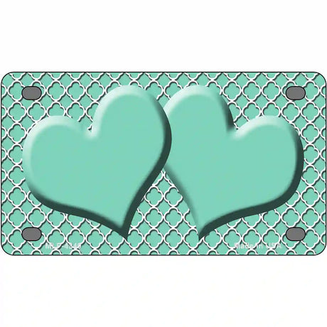 Mint White Quatrefoil And Mint Center Hearts Metal Novelty License Plate 4" x 2.2" (MLP)