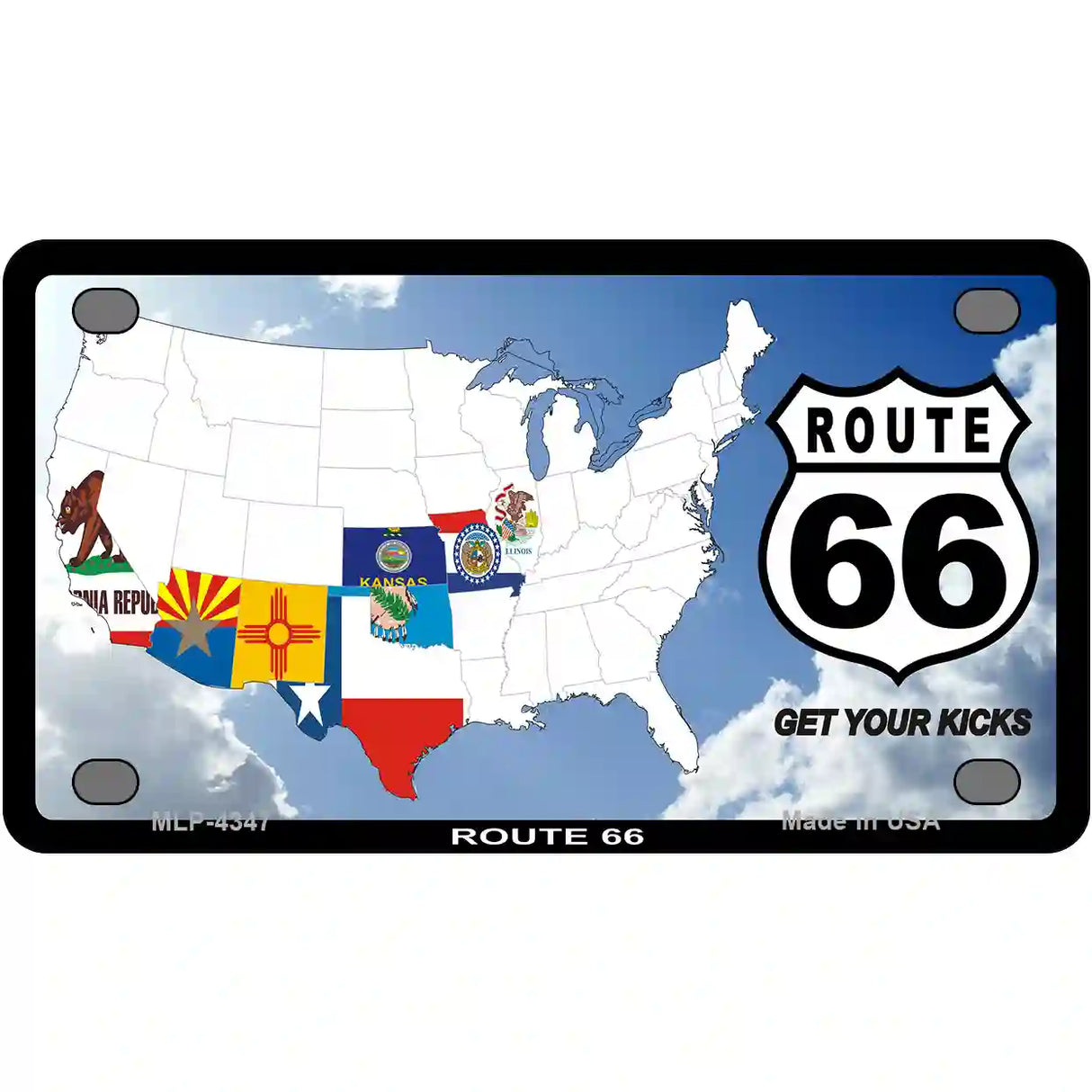 Route 66 8 Flags Clouds Metal Novelty License Plate 4" x 2.2" (MLP)