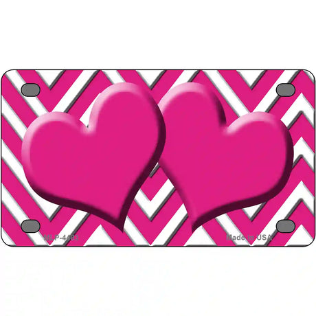 Pink White Chevron Hot Pink Center Hearts Metal Novelty License Plate 4" x 2.2" (MLP)