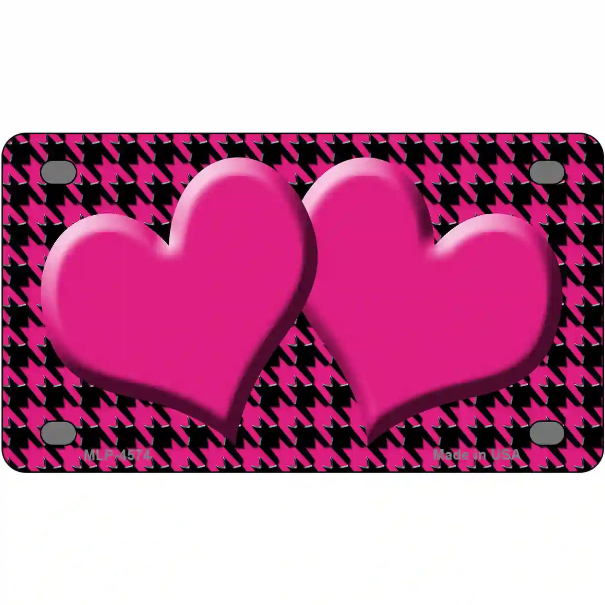 Pink Black Houndstooth Pink Center Hearts Metal Novelty License Plate 4" x 2.2" (MLP)