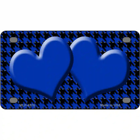 Blue Black Houndstooth Blue Center Hearts Metal Novelty License Plate 4" x 2.2" (MLP)