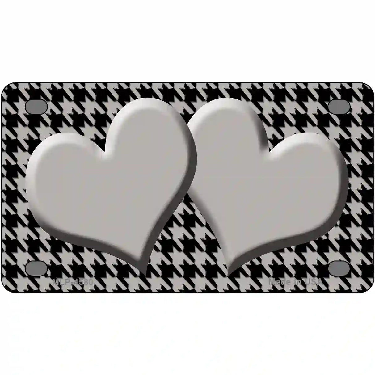 Grey Black Houndstooth Grey Center Hearts Metal Novelty License Plate 4" x 2.2" (MLP)