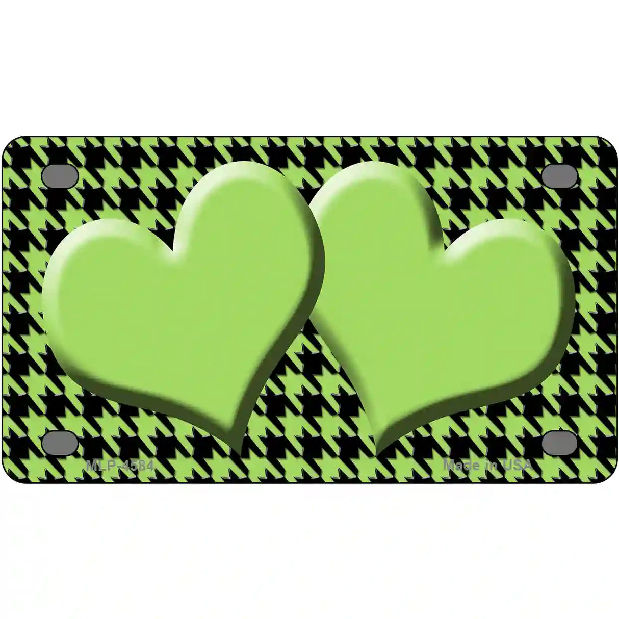 Lime Green Black Houndstooth Lime Green Center Hearts Metal Novelty License Plate 4" x 2.2" (MLP)