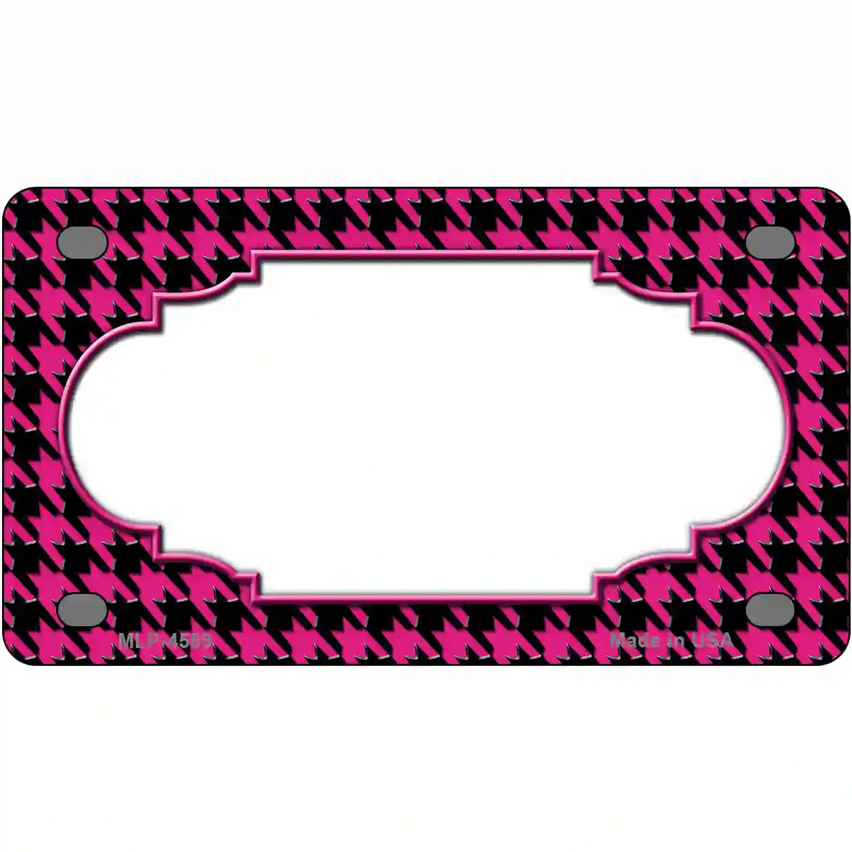 Pink Black Houndstooth Scallop Center Metal Novelty License Plate 4" x 2.2" (MLP)