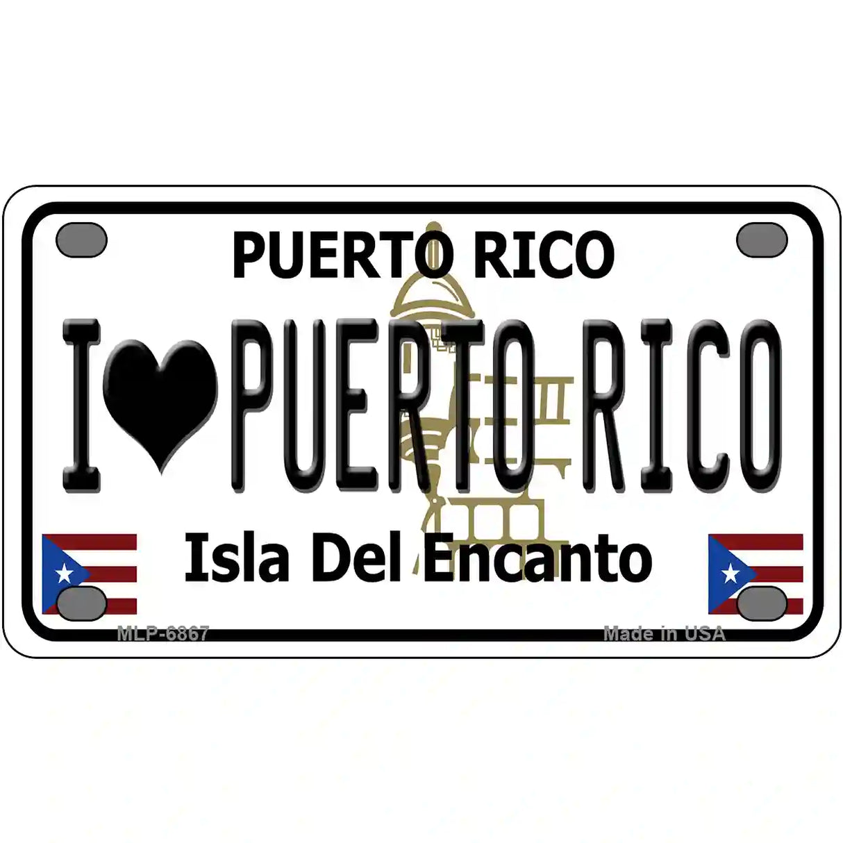 I Love Puerto Rico White Metal Novelty License Plate 4" x 2.2" (MLP)