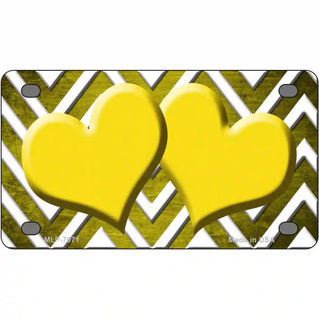 Yellow White Hearts Chevron Oil Rubbed Metal Novelty License Plate 4" x 2.2" (MLP)