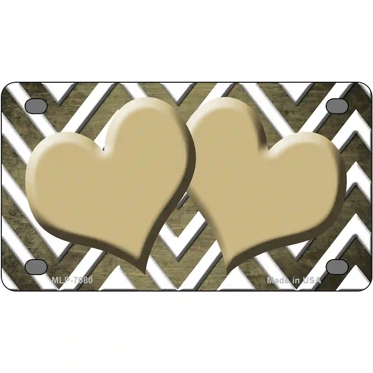 Gold White Hearts Chevron Oil Rubbed Metal Novelty License Plate 4" x 2.2" (MLP)