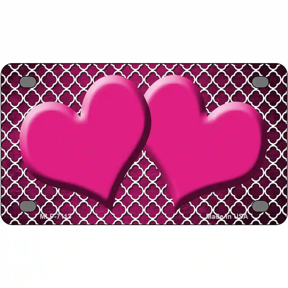 Pink White Quatrefoil Hearts Oil Rubbed Metal Novelty License Plate 4" x 2.2" (MLP)