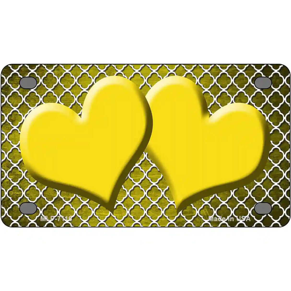 Yellow White Quatrefoil Hearts Oil Rubbed Metal Novelty License Plate 4" x 2.2" (MLP)