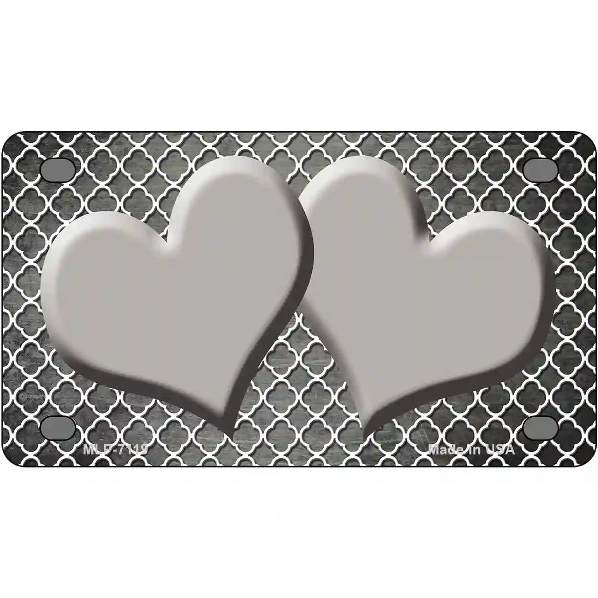 Gray White Quatrefoil Hearts Oil Rubbed Metal Novelty License Plate 4" x 2.2" (MLP)