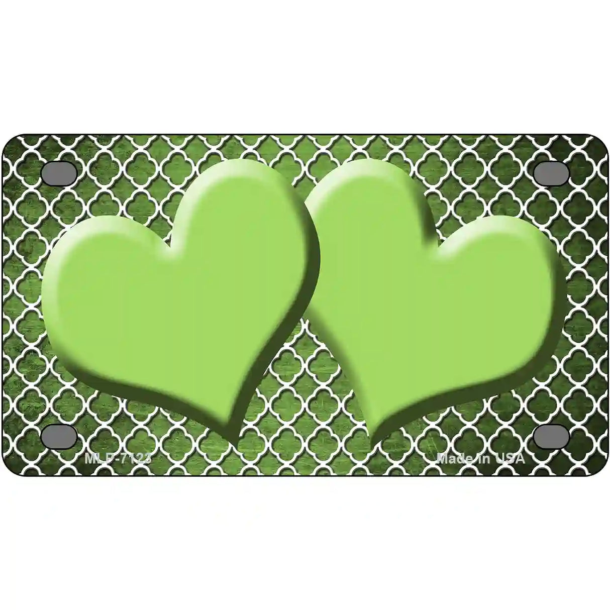 Lime Green White Quatrefoil Hearts Oil Rubbed Metal Novelty License Plate 4" x 2.2" (MLP)