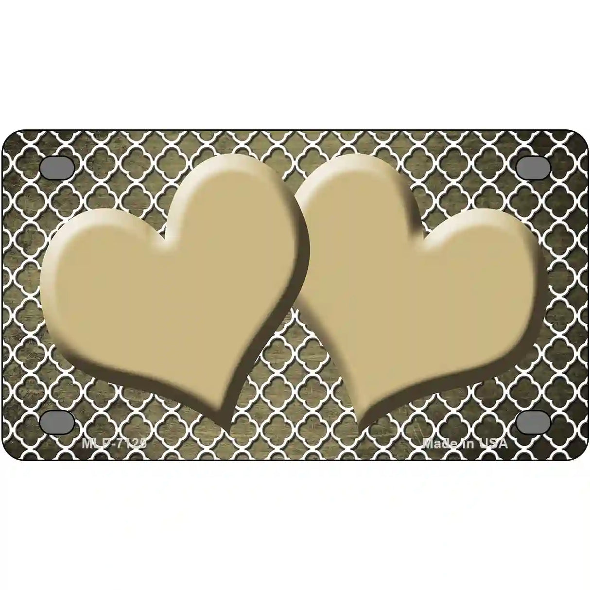 Gold White Quatrefoil Hearts Oil Rubbed Metal Novelty License Plate 4" x 2.2" (MLP)