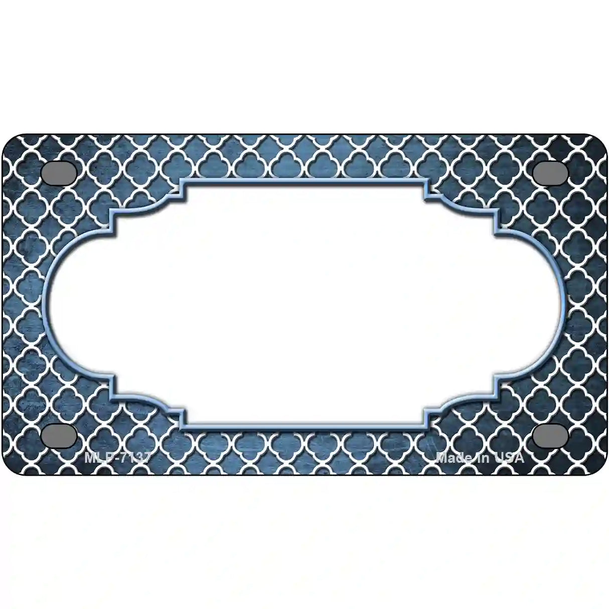 Light Blue White Quatrefoil Scallop Oil Rubbed Metal Novelty License Plate 4" x 2.2" (MLP)