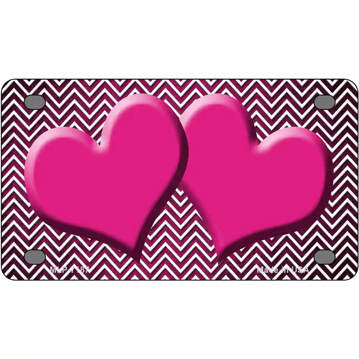 Pink White Small Chevron Hearts Oil Rubbed Metal Novelty License Plate 4" x 2.2" (MLP)