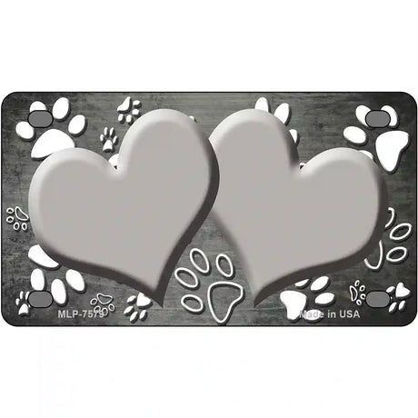 Paw Heart Gray White Metal Novelty License Plate 4" x 2.2" (MLP)