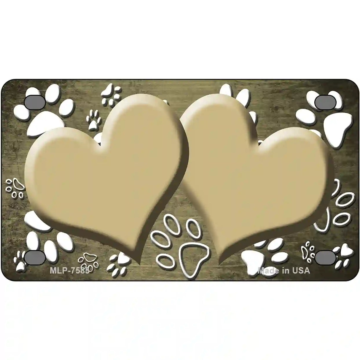 Paw Heart Gold White Metal Novelty License Plate 4" x 2.2" (MLP)