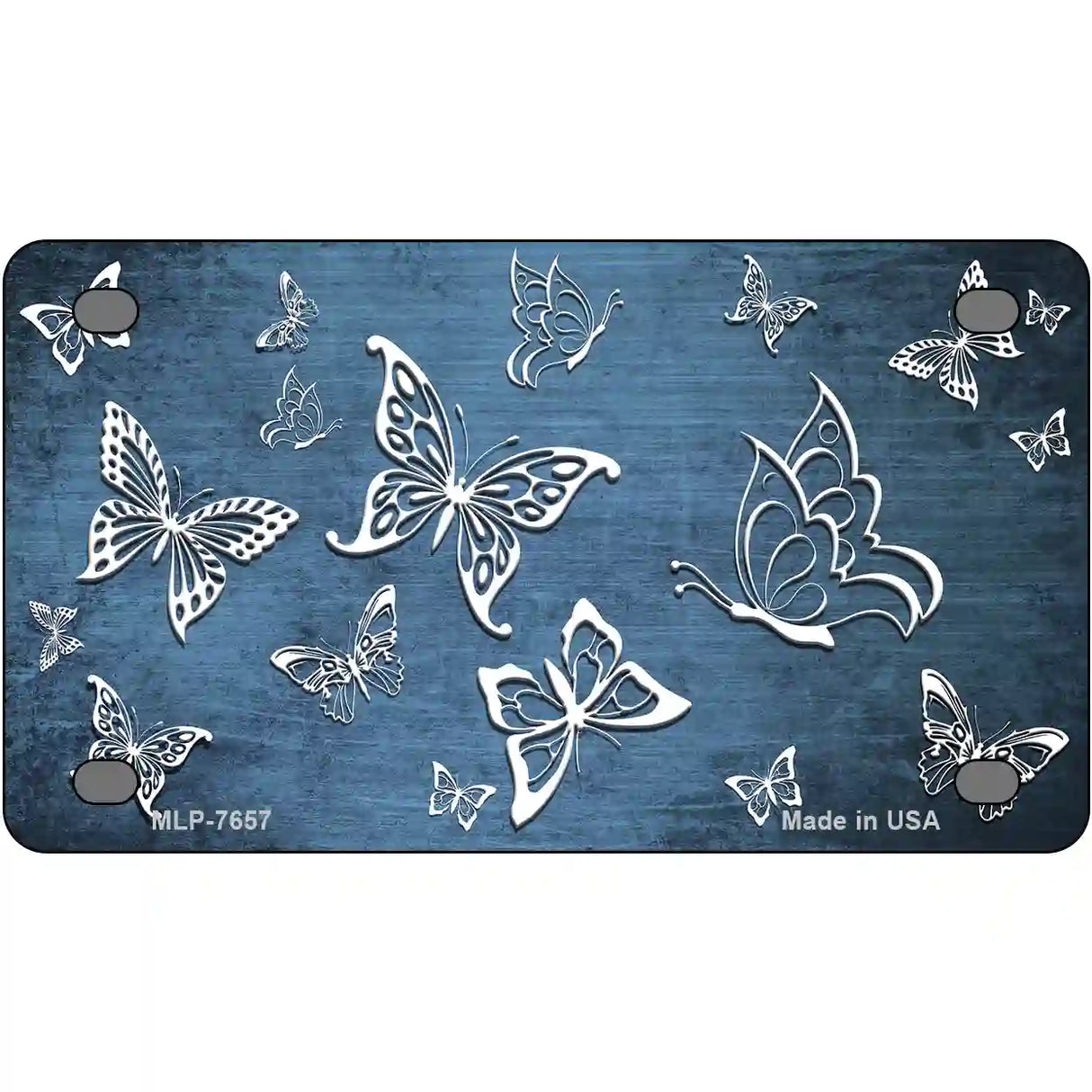 Light Blue White Butterfly Oil Rubbed Metal Novelty License Plate 4" x 2.2" (MLP)