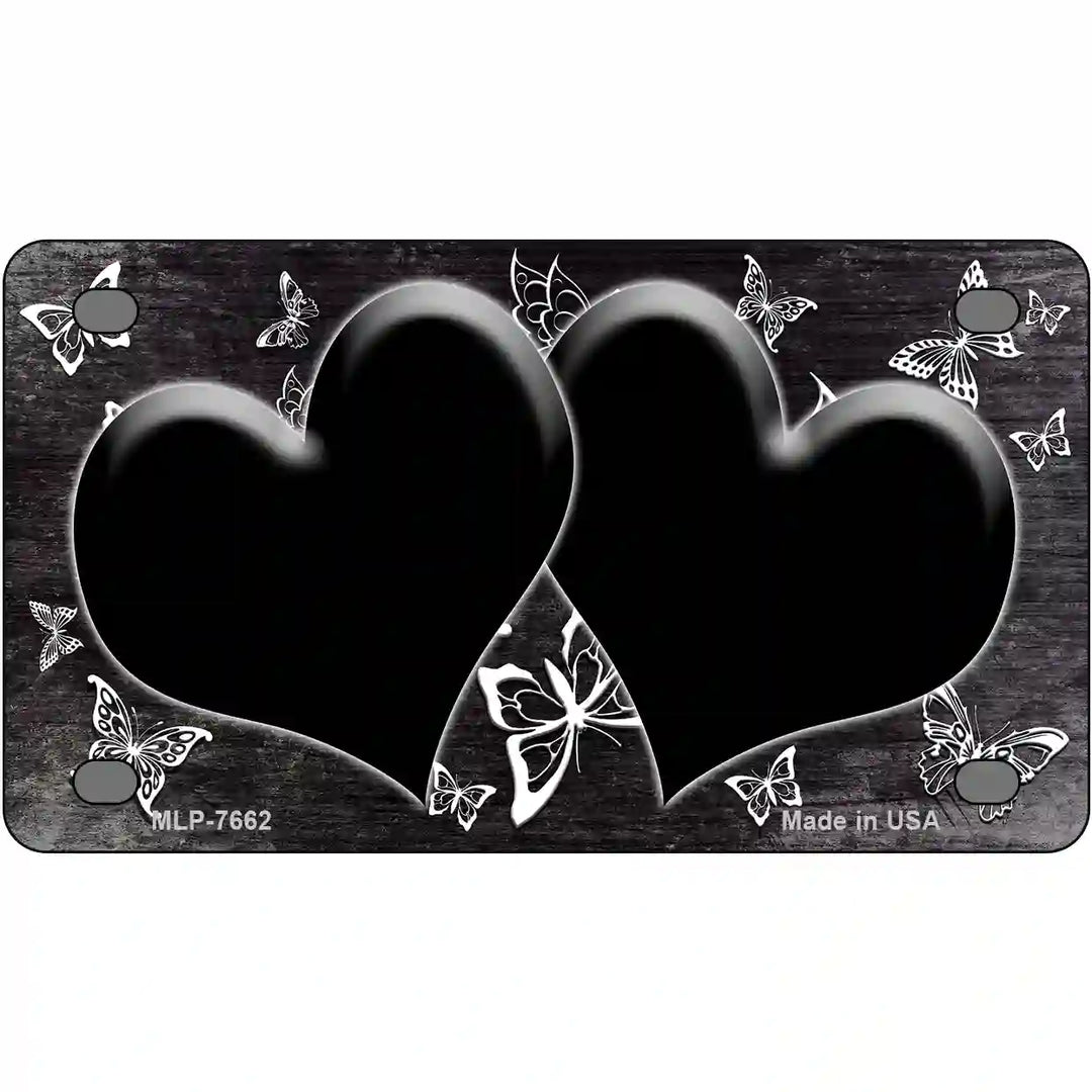 Black White Hearts Butterfly Oil Rubbed Metal Novelty License Plate 4" x 2.2" (MLP)