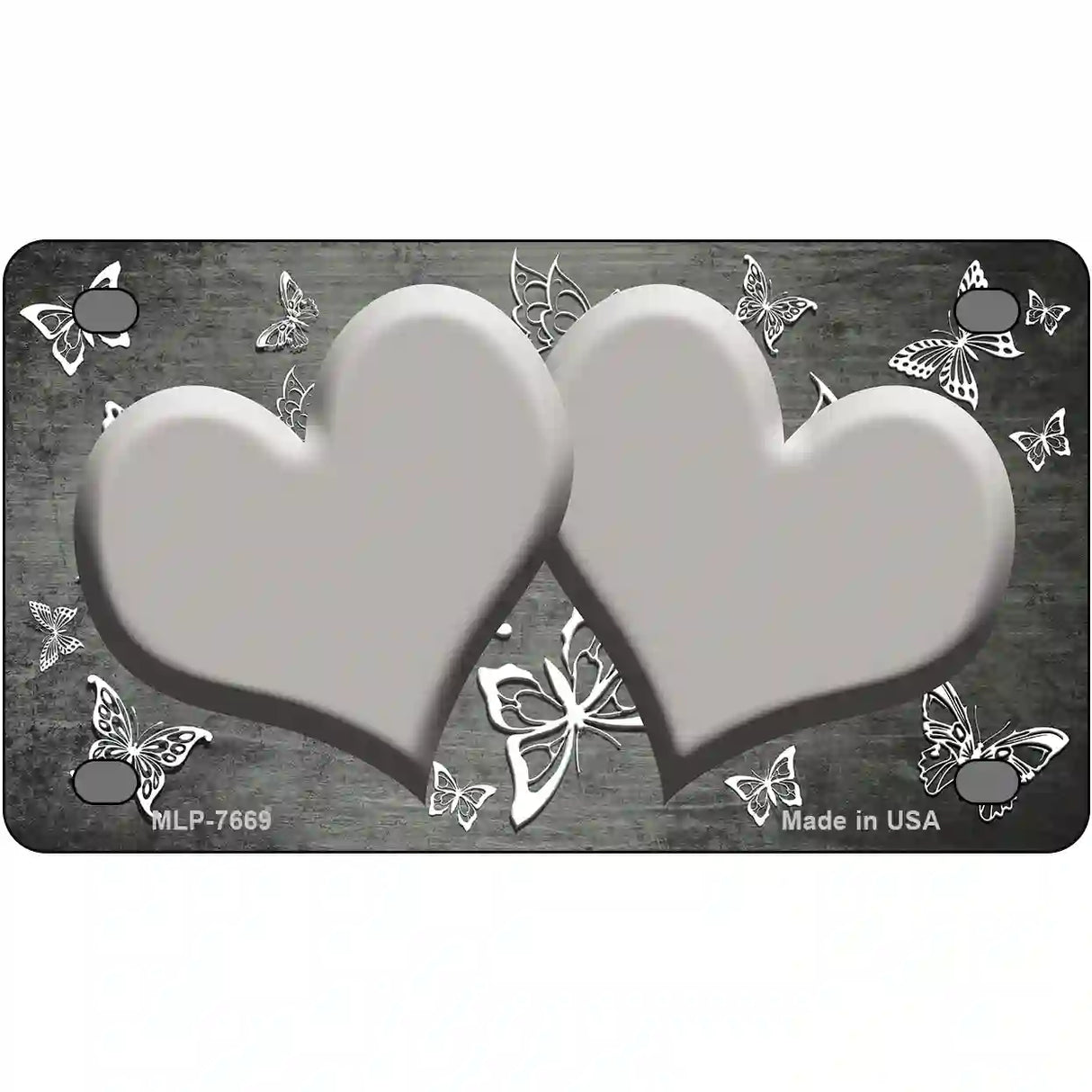 Gray White Hearts Butterfly Oil Rubbed Metal Novelty License Plate 4" x 2.2" (MLP)