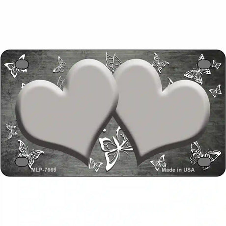 Gray White Hearts Butterfly Oil Rubbed Metal Novelty License Plate 4" x 2.2" (MLP)