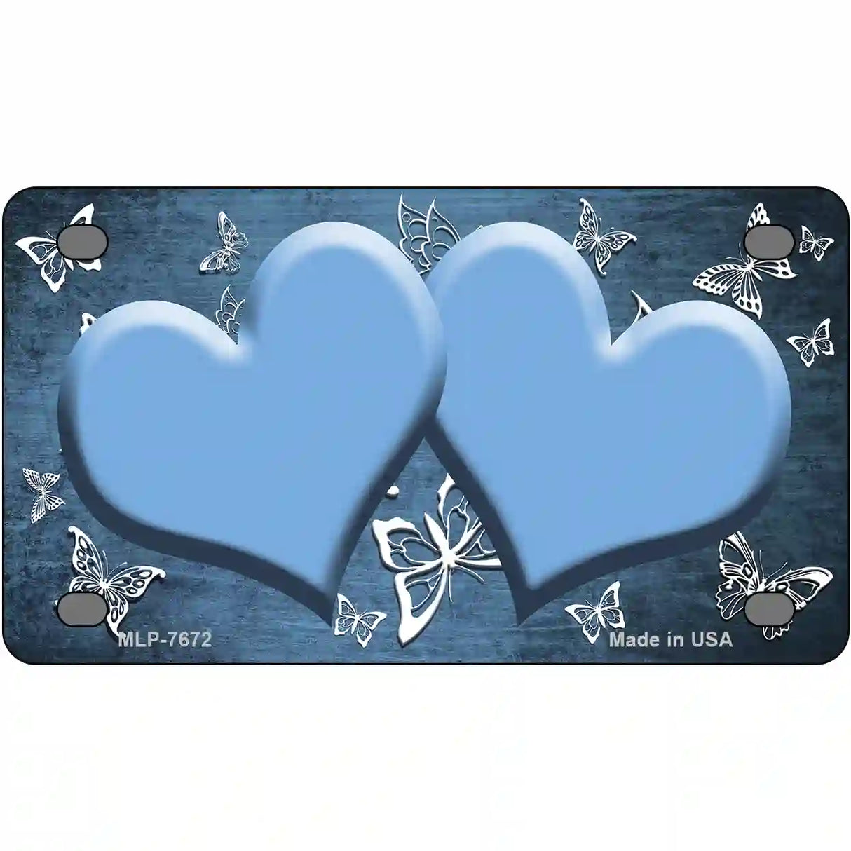 Light Blue White Hearts Butterfly Oil Rubbed Metal Novelty License Plate 4" x 2.2" (MLP)