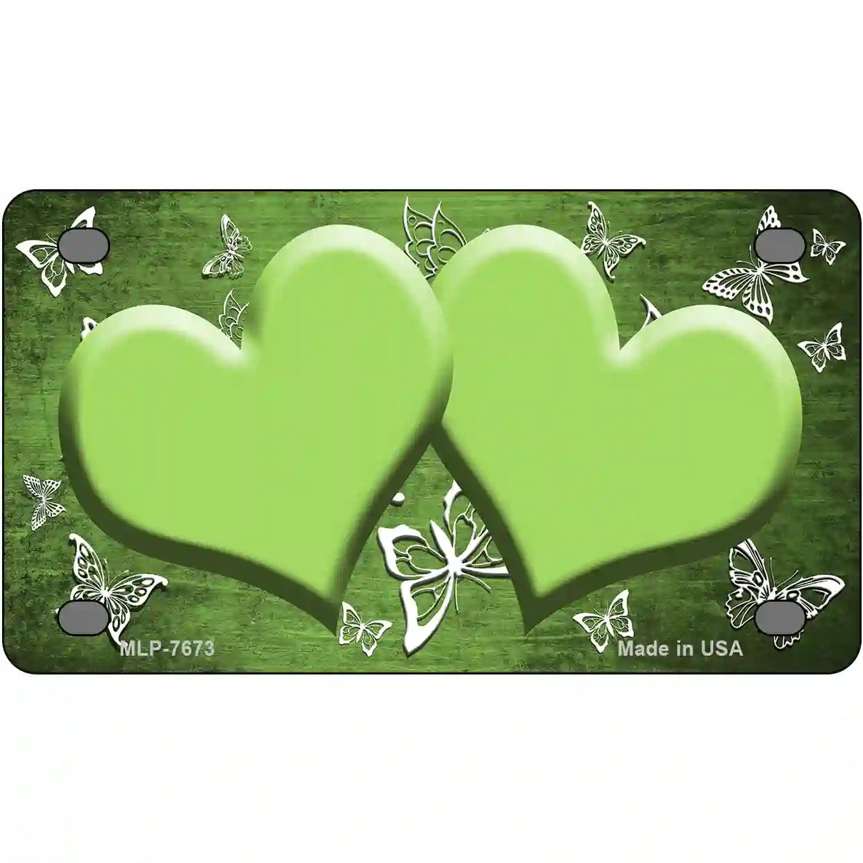 Lime Green White Hearts Butterfly Oil Rubbed Metal Novelty License Plate 4" x 2.2" (MLP)