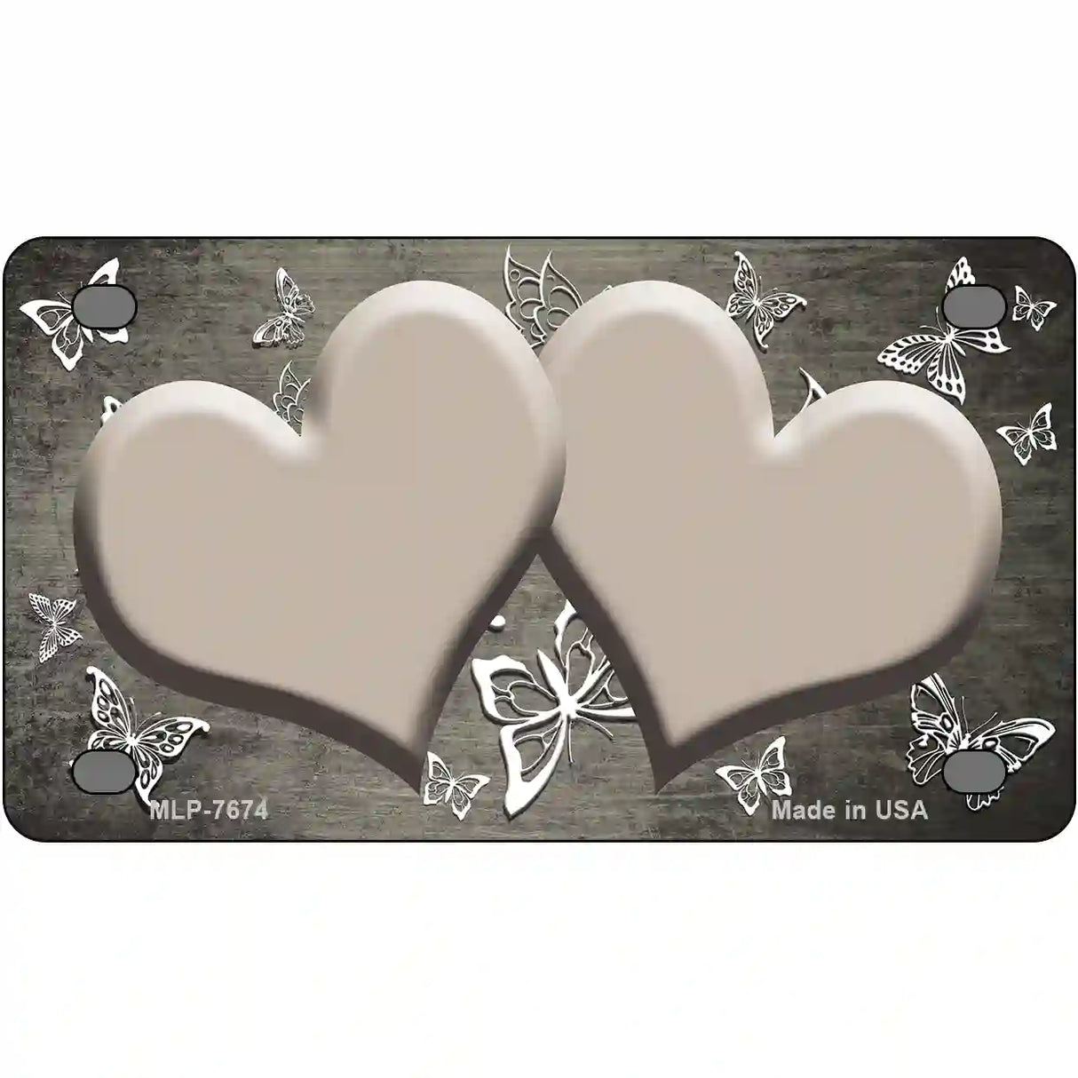 Tan White Hearts Butterfly Oil Rubbed Metal Novelty License Plate 4" x 2.2" (MLP)