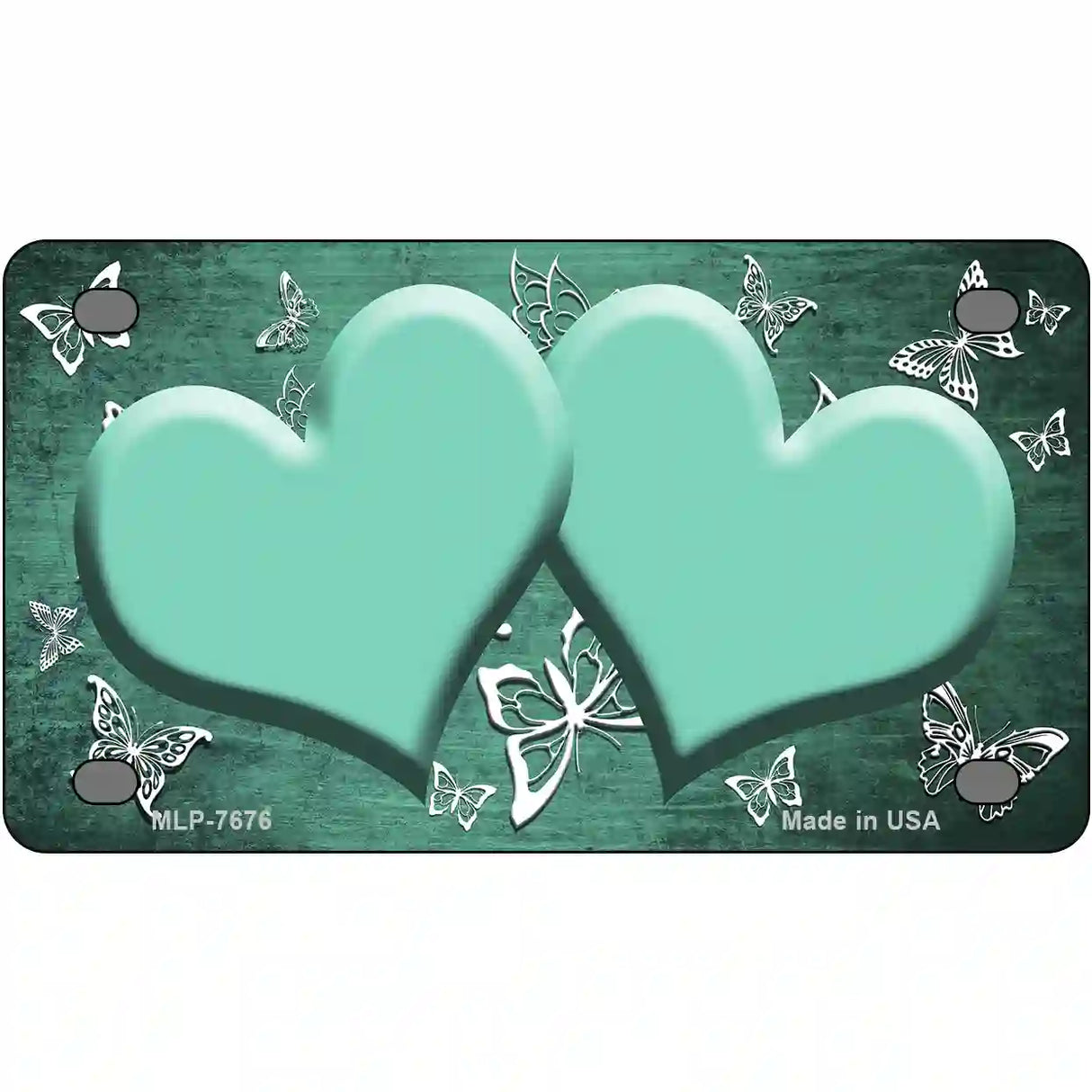 Mint White Hearts Butterfly Oil Rubbed Metal Novelty License Plate 4" x 2.2" (MLP)