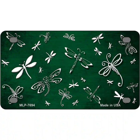 Green White Dragonfly Oil Rubbed Metal Novelty License Plate 4" x 2.2" (MLP)