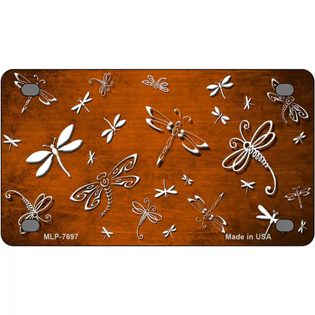 Orange White Dragonfly Oil Rubbed Metal Novelty License Plate 4" x 2.2" (MLP)