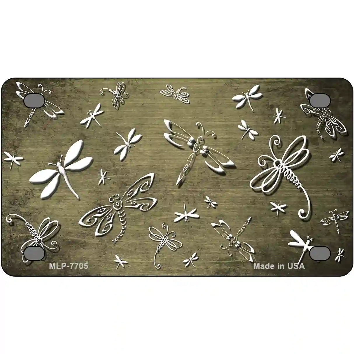 Gold White Dragonfly Oil Rubbed Metal Novelty License Plate 4" x 2.2" (MLP)