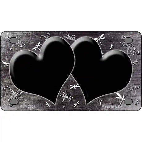 Black White Dragonfly Hearts Oil Rubbed Metal Novelty License Plate 4" x 2.2" (MLP)